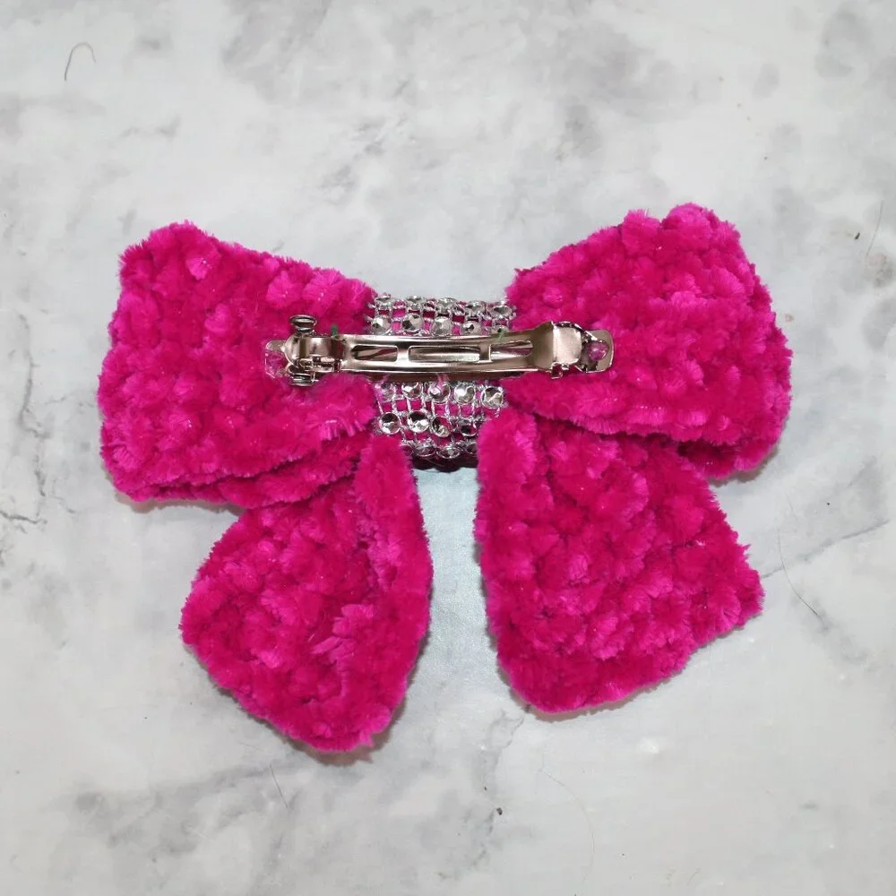 HAND CRAFTED Hair Bow Kids Crochet Chenille Velvet Hair Barrette Oversized Pink